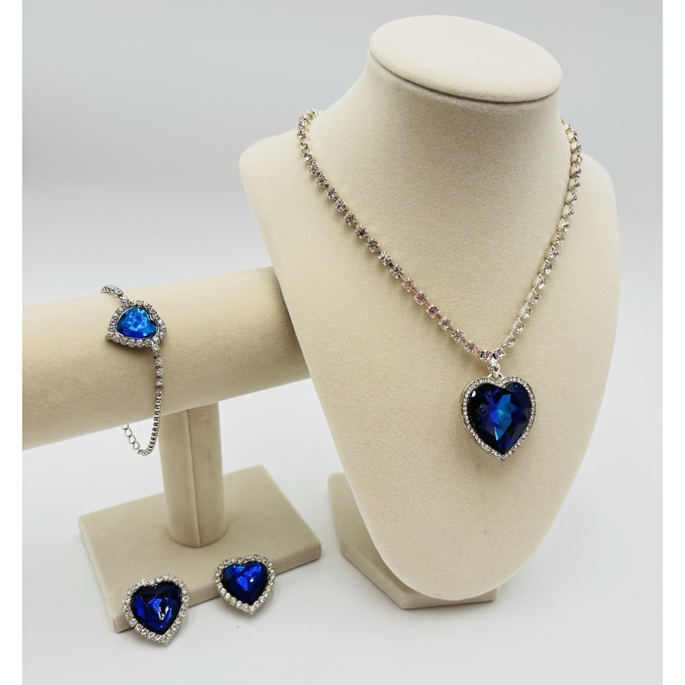 Titanic‎ Heart Blue Crystal Rhinestone Jewelry Set Necklace Bracelet Earrings